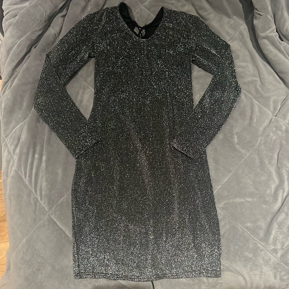 Sparkly silver dress, body con mini